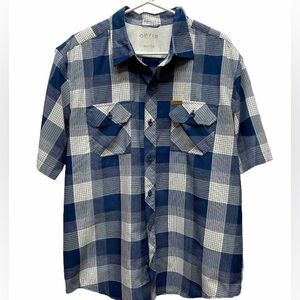 Orvis men's size large blue plaid checkered button up shirt short sleeve